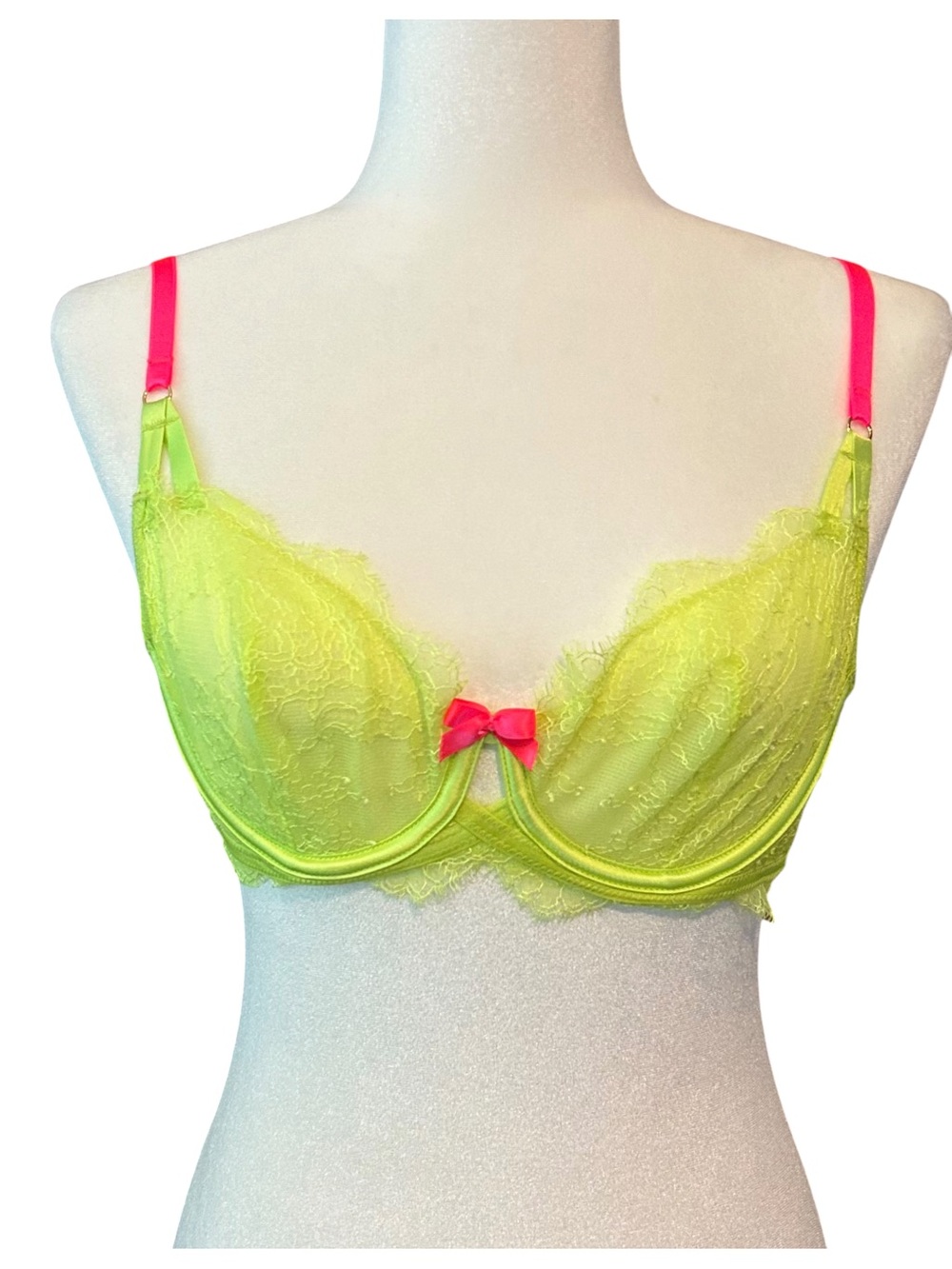 Victoria's Secret Neon Lime Lace Underwire Bra with Hot Pink Accents